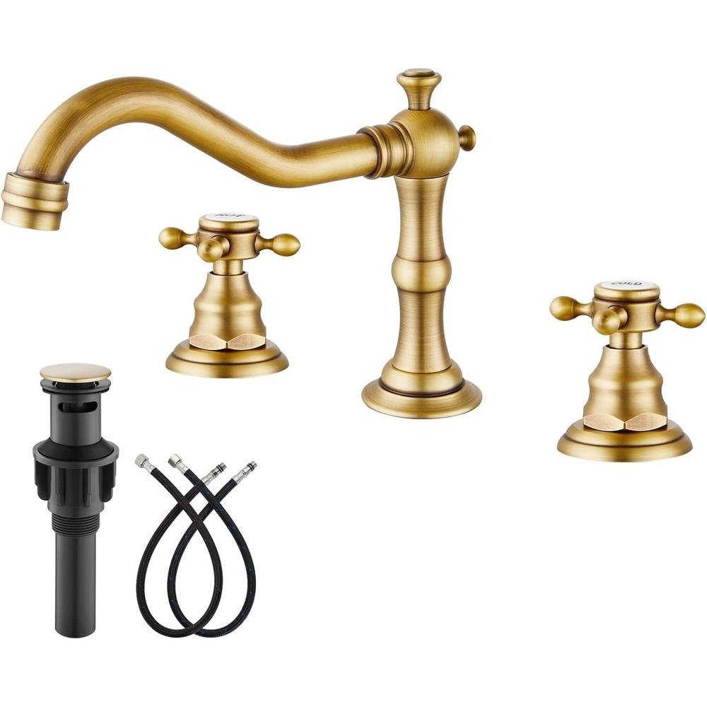 Antique Brass Widespread Double Cross Knobs Two-Handle Mixing Tap 3 Hole with Po